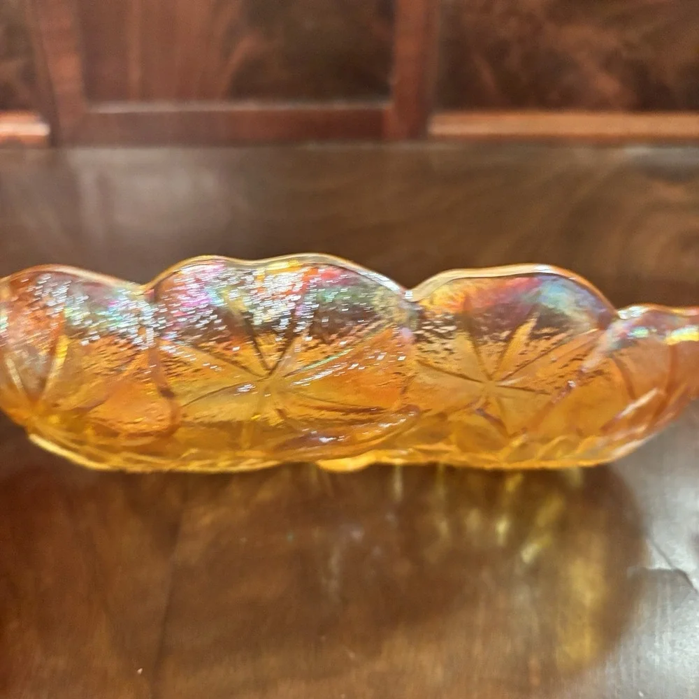 Vintage Indiana Carnival Glass Marigold Relish Dish Iridescent‎ Floral Handled